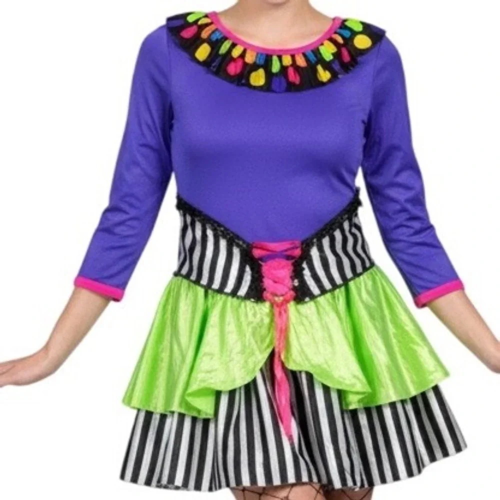 Whimsical Ruffled‎ Dance Costume: Purple, Lime Green - Fits Child L/XL (Adult M)
